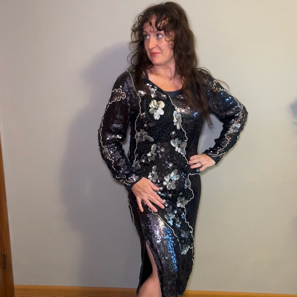 Vintage Black and Navy Sequin Dress with Floral Accents